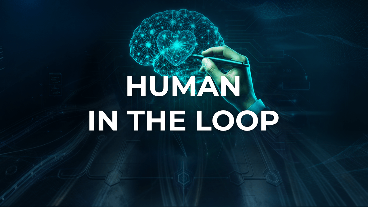 Beitragsbild zum Thema Human in the Loop mit digitaler Darstellung der Zusammenarbeit zwischen Mensch und künstlicher Intelligenz.
